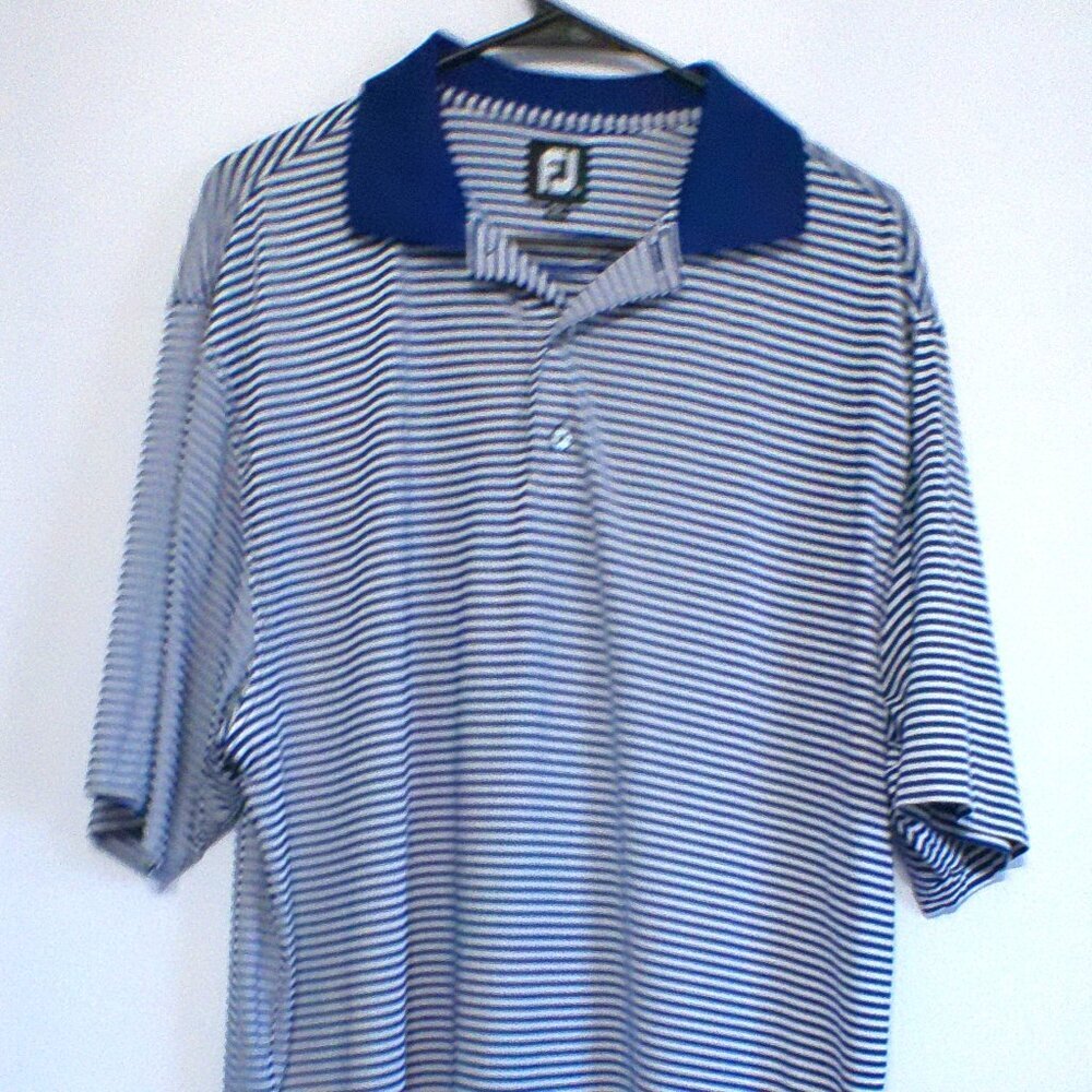 FootJoy Polo Shirt Mens Medium Blue White Striped Golf Short Sleeve Performance